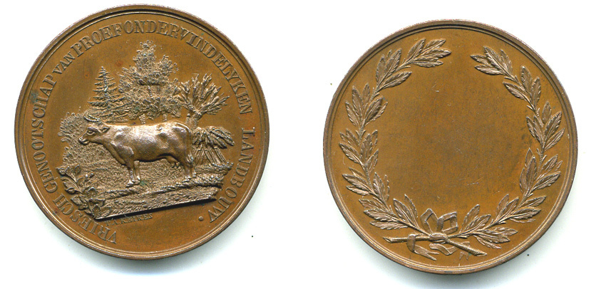 НИДЕРЛАДЫ МЕДАЛЬ XIX ВЕК ОБЩЕСТВО РАСПРОСТРАНЕНИЯ СЕЛЬСКОГО ХОЗЯЙСТВА, КОРОВА, 38 мм, 31,22 гр бронза 1079-2-31