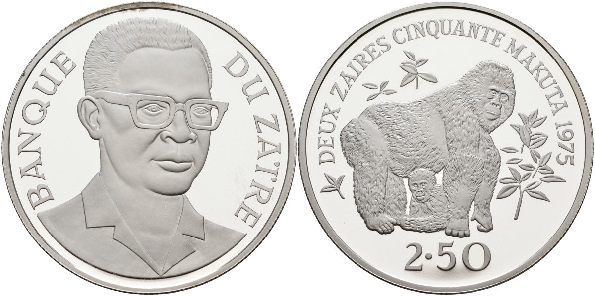 Заир 2,5 заира 1975 серия защита окружающей среды, гориллы, тираж 6629 экз. KM 9 серебро PROOF 00-00