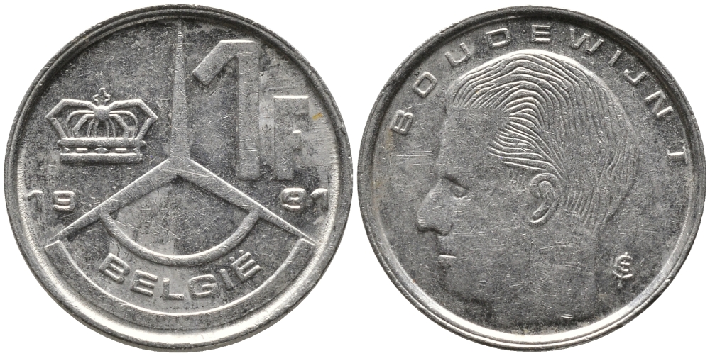 БЕЛЬГИЯ 1 ФРАНК 1991 BELGIE KM 171 сталь плакированная никелем 99-1242