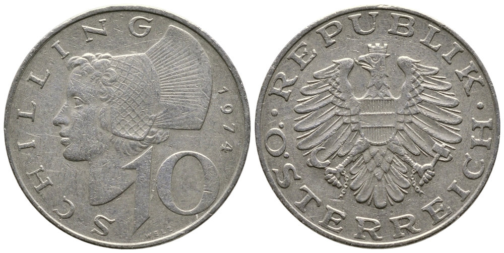 Австрия 10 шиллингов 1974 KM 2918 никель плакированный медно-никелем 4606-921