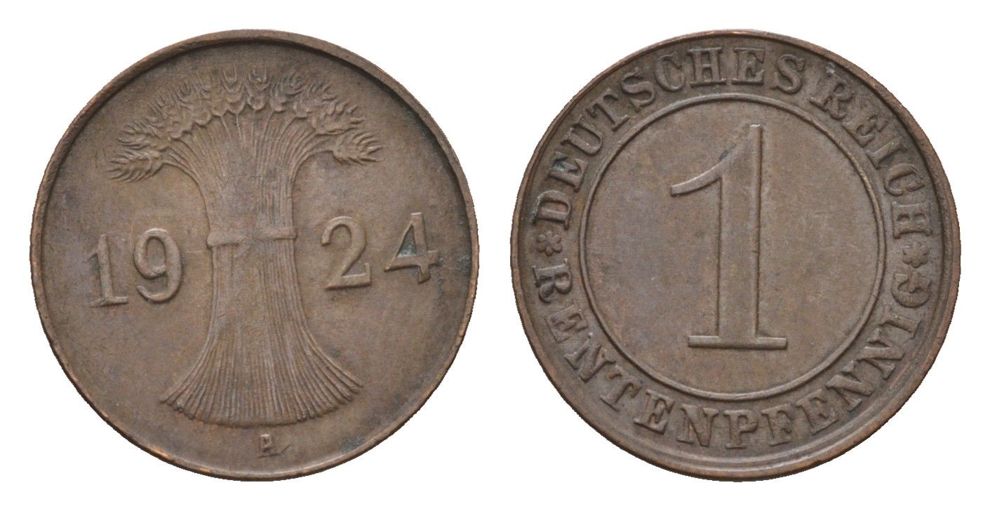 Германия 1 рентенпфенниг 1924 A KM 30, J. 306 бронза 4696-561