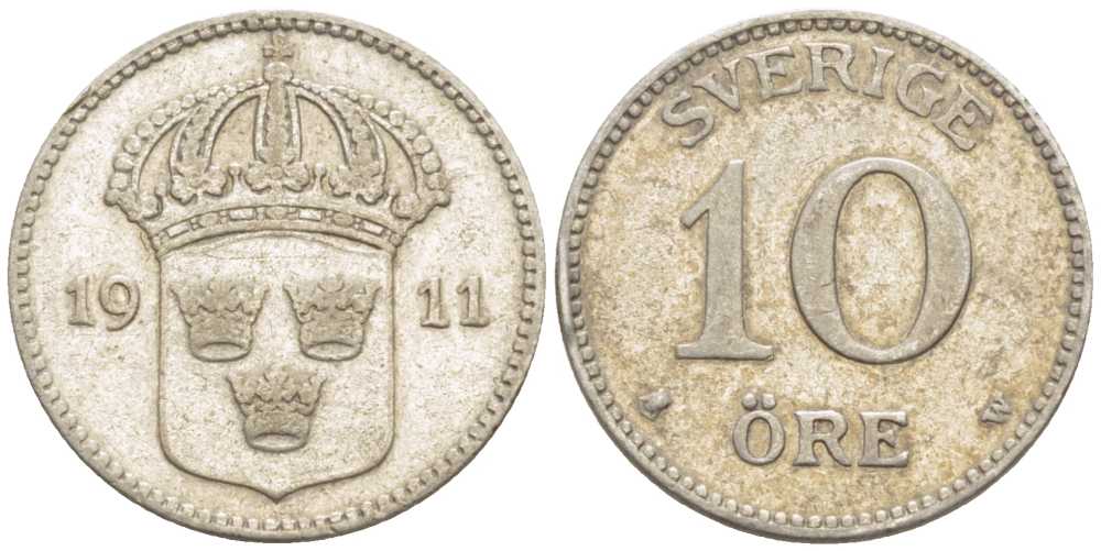 Швеция 10 эре 1909 W, Густав V (1907-1950) KM 780 серебро 116-1143