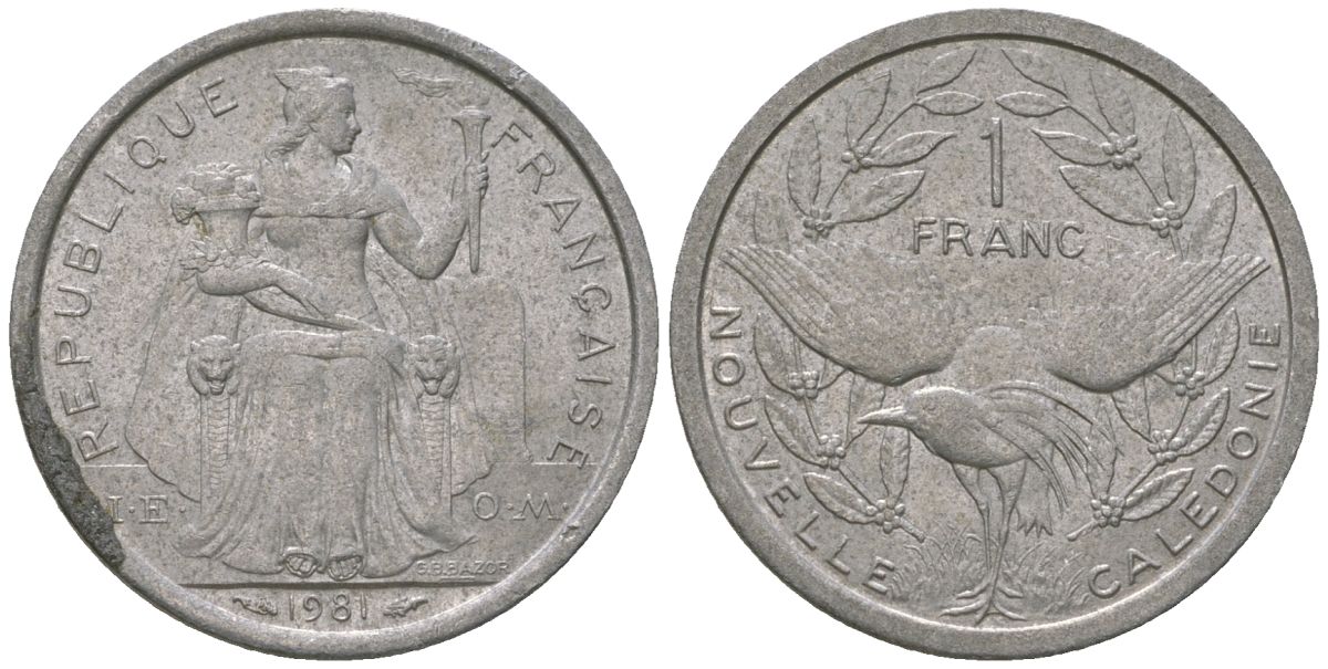 Французская Новая Каледония 1 франк 1981 птица кагу, (IEOM) KM 10, Schoen 10, Lec 44 алюминий    51-1817