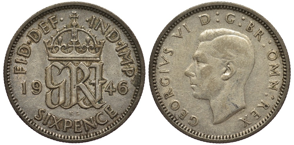 Великобритания 6 пенсов 1946 Георг VI (1936-1952) KM 852, Spink 4084 серебро 4538-641