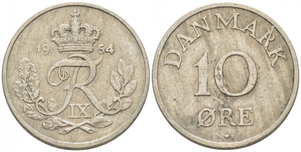 ДАНИЯ 10 ЭРЕ 1954 N; S, ФРЕДЕРИК IX (1947-1972) KM 841.1 медно-никель 3718-341