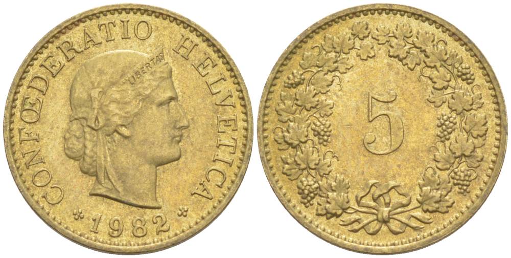 Швейцария 5 раппенов 1982 KM 26с алюминий латунь 105-554