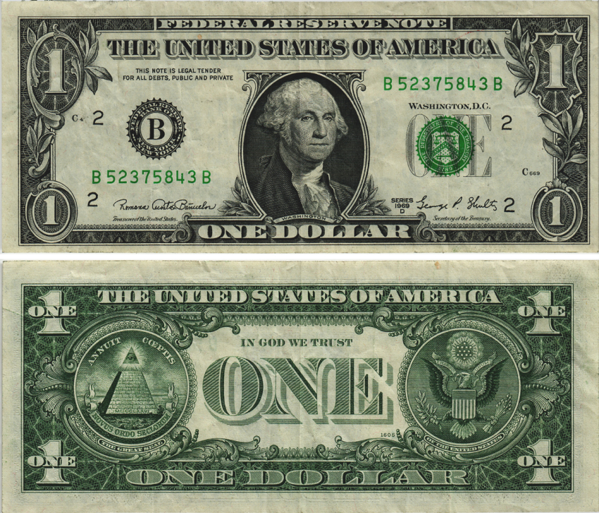 США 1 ДОЛЛАР 1969 D, БЛОК 2, БУКВА В, НЬЮ ЙОРК, ДЖОРДЖ ВАШИНГТОН Pick 449е бумага 8605-13-2-1