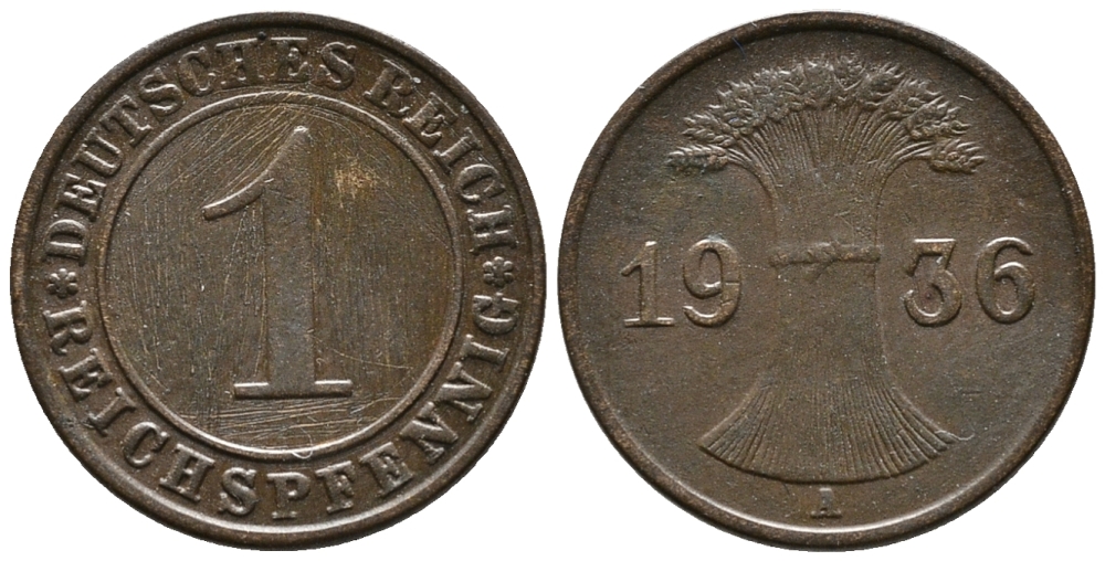 ГЕРМАНИЯ 1 РЕЙХСПФЕННИГ 1936 A KM 37, J. 313 бронза 39-1121