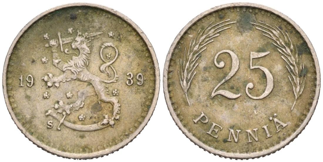 ФИНЛЯНДИЯ 25 ПЕННИ 1939 S KM 25 медно-никель 192-1161