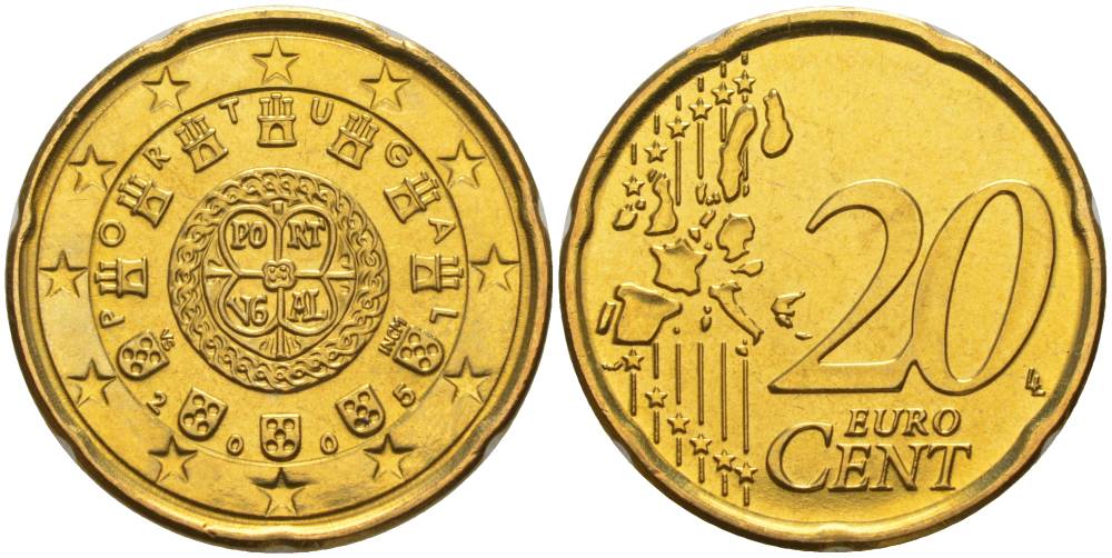 ПОРТУГАЛИЯ 20 ЕВРОЦЕНТОВ 2005 INCM KM 744 латунь UNC 68-822