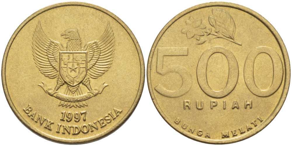 ИНДОНЕЗИЯ 500 РУПИЙ 1997 KM 59 алюминиевая бронза 213-646