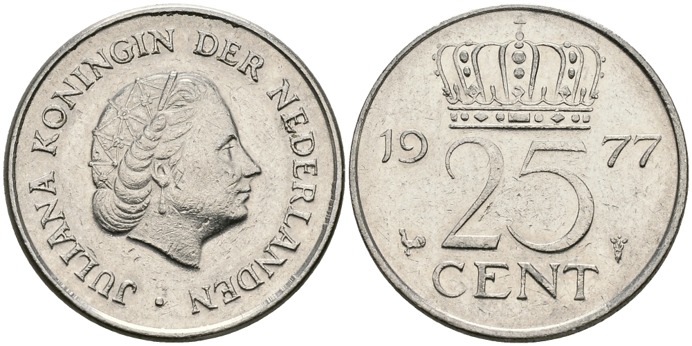 Нидерланды 25 центов 1977 Юлиана (1948-1980) KM 183 никель 96-246