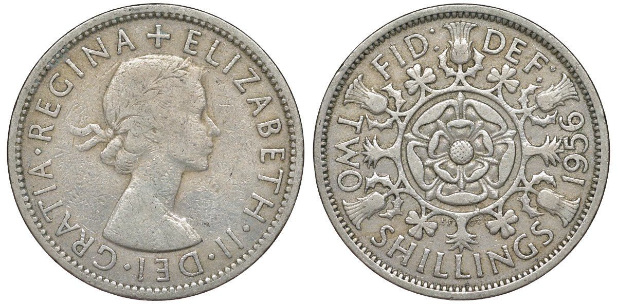 Великобритания 2 шиллинга (флорин) 1956 Елизавета II (1952-2022) KM 906, Spink 4146 медно-никель 51-2734