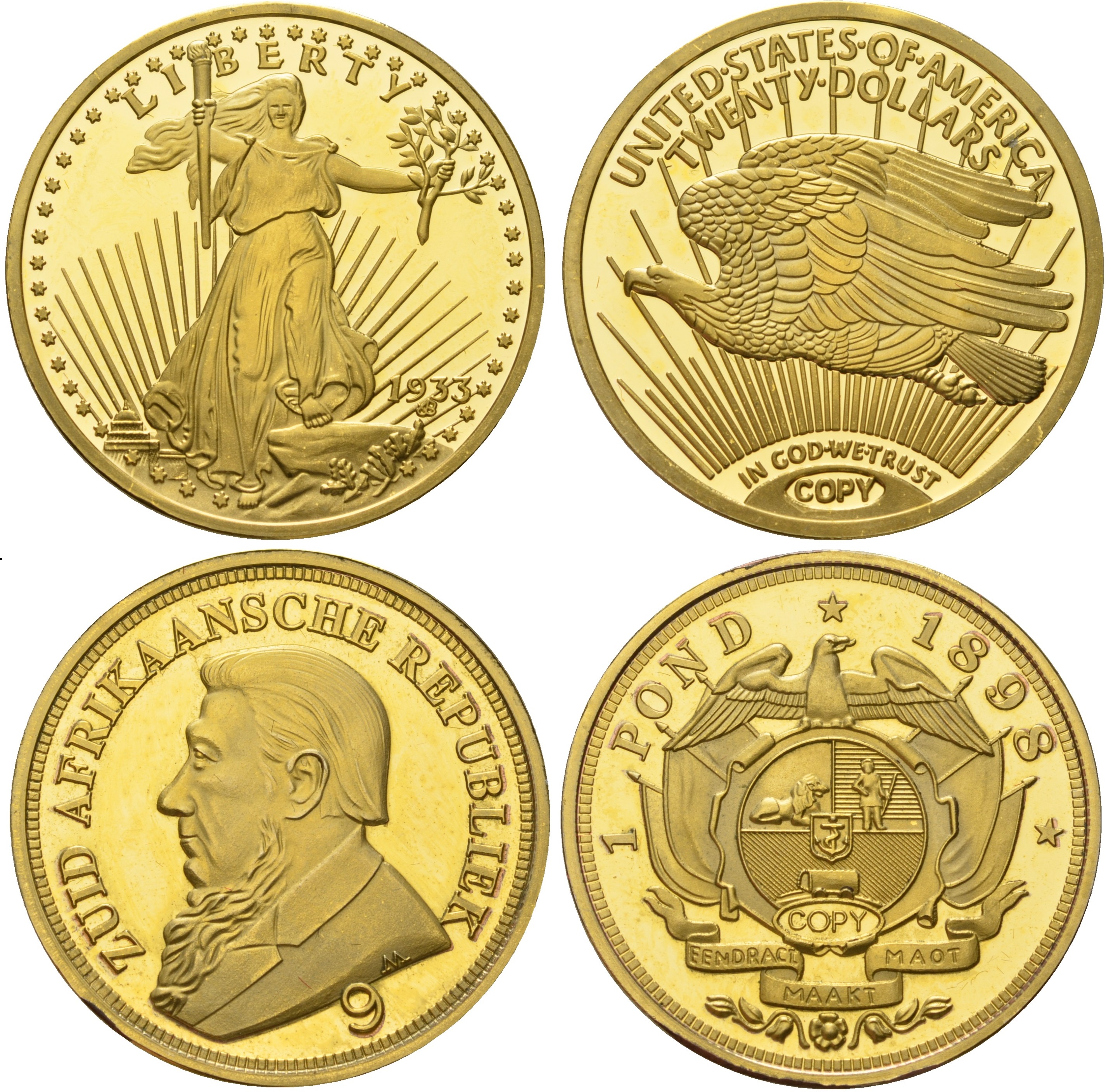 Бельгия подарочный набор из 2 жетонов (копий монет) - ЮАР 1 ранд 1898 и США 20 долларов 1933 в красочной упаковке 8-2-06-60