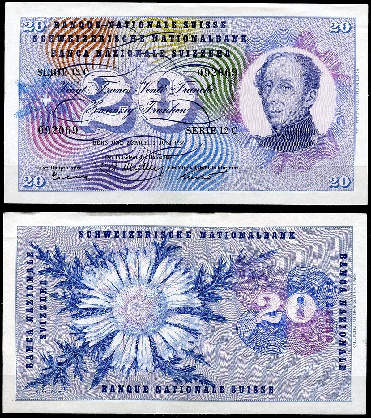 Швейцария 20 франков 1956 генерал Гийом-Анри Дюфур, 5 июля 1956 Pick  46 d  бумага   6285-4-2-1