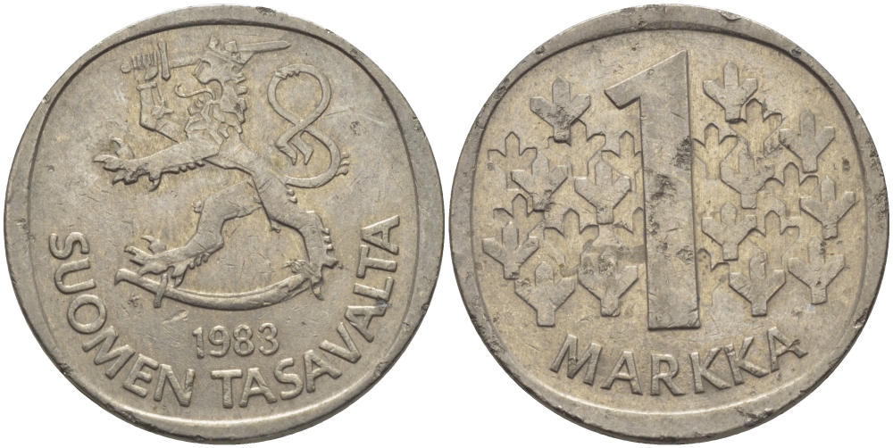 ФИНЛЯНДИЯ 1 МАРКА 1983 К KM 49а медно-никель 28-154