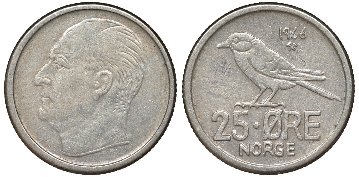 Норвегия 25 эре 1966 Улаф V (1958-1991), синица KM 407 медно-никель 51-2927