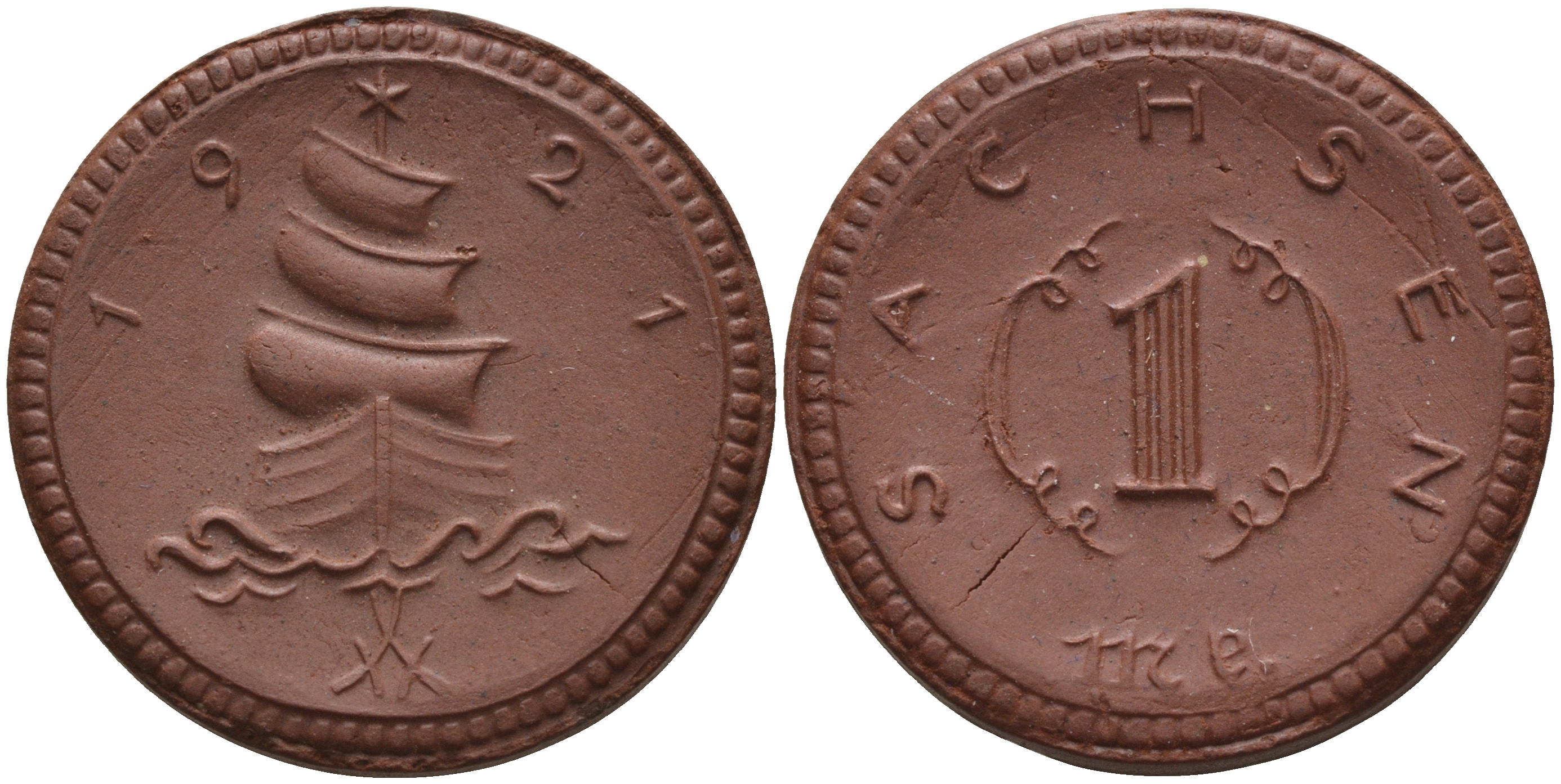 Саксония 1 марка 1921 парусник J. N 55 фарфор 1094-4-85