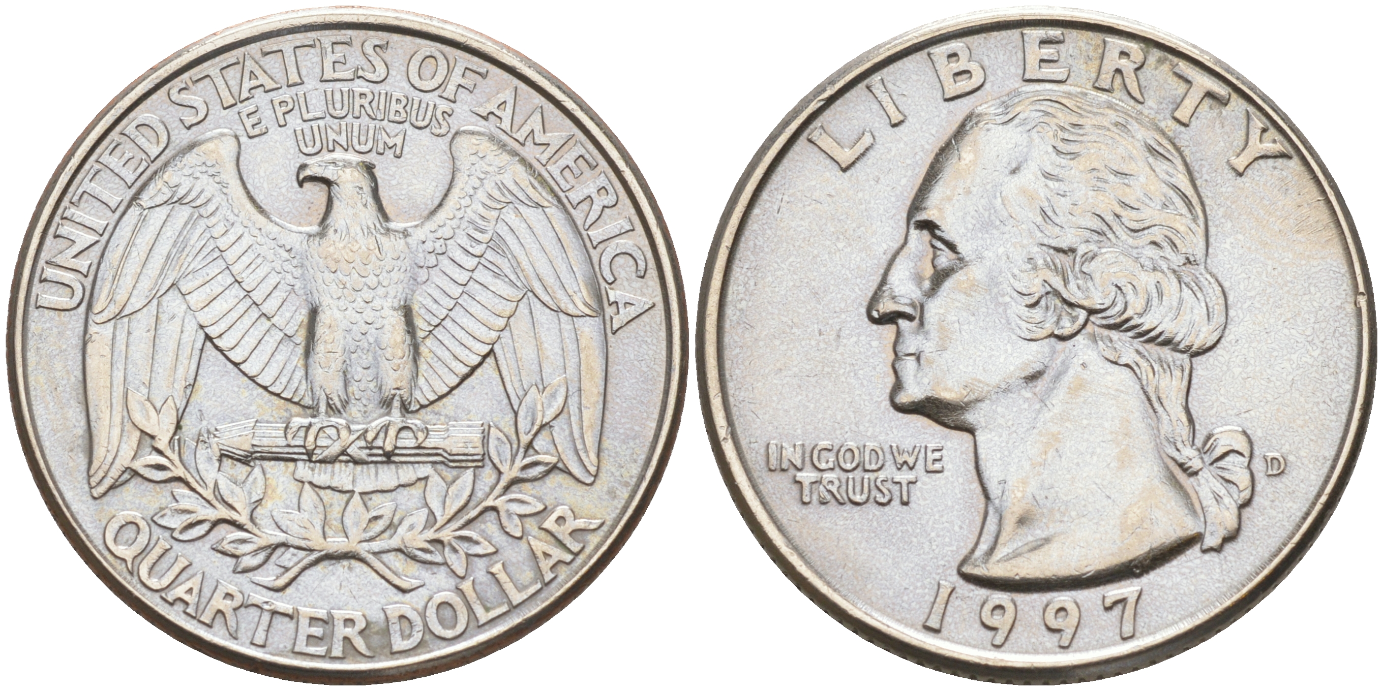 США 25 центов = квотер 1997 D, Вашингтон KM А164а медь плакированная медно-никелем 190-426
