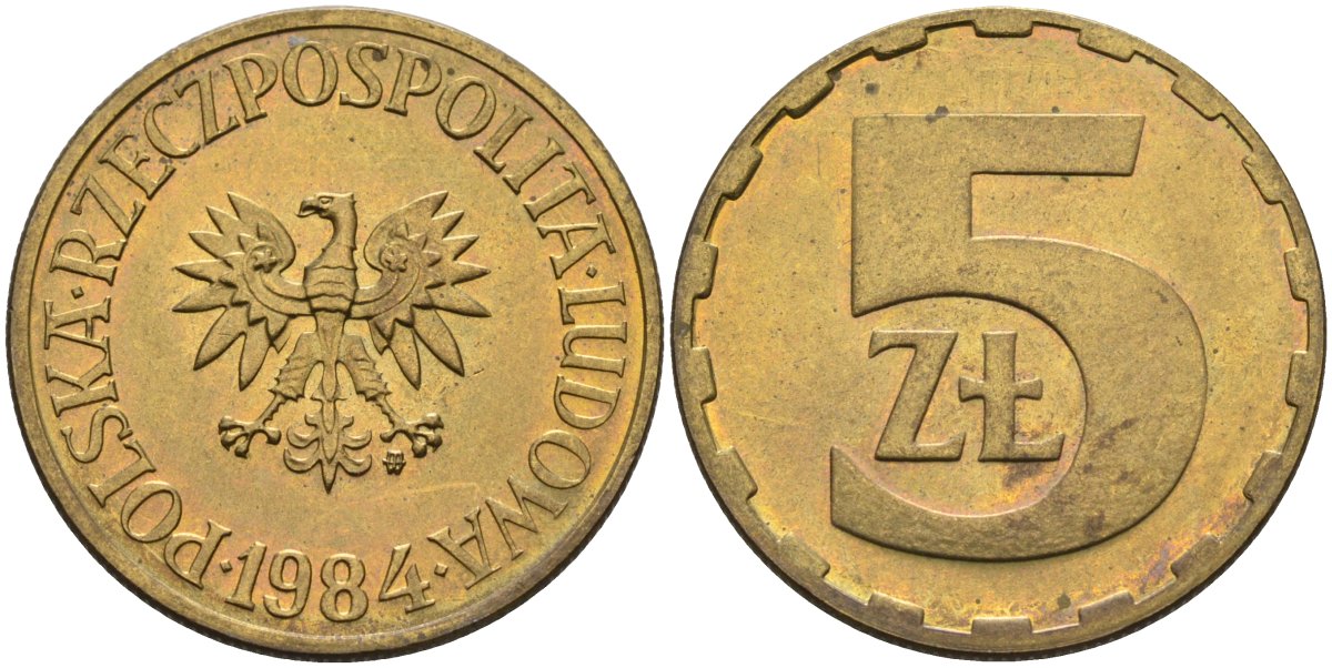 Польша 5 злотых 1984 MW KM 81.1, Parchimowicz 221i латунь aUNC 4551-523