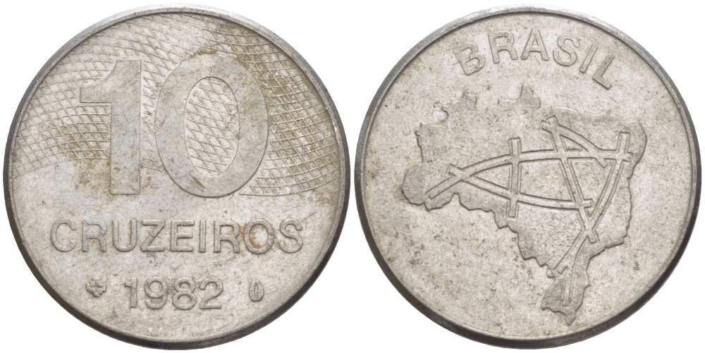 Бразилия 10 крузейро 1982 карта Бразилии KM 592.1 нержавеющая сталь 4388-235