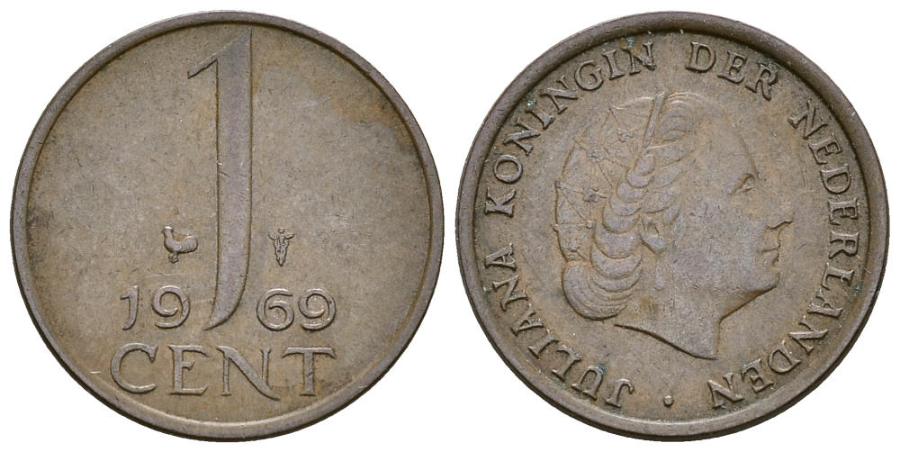 НИДЕРЛАНДЫ 1 ЦЕНТ 1969 ЮЛИАНА KM 180 бронза 61-1256