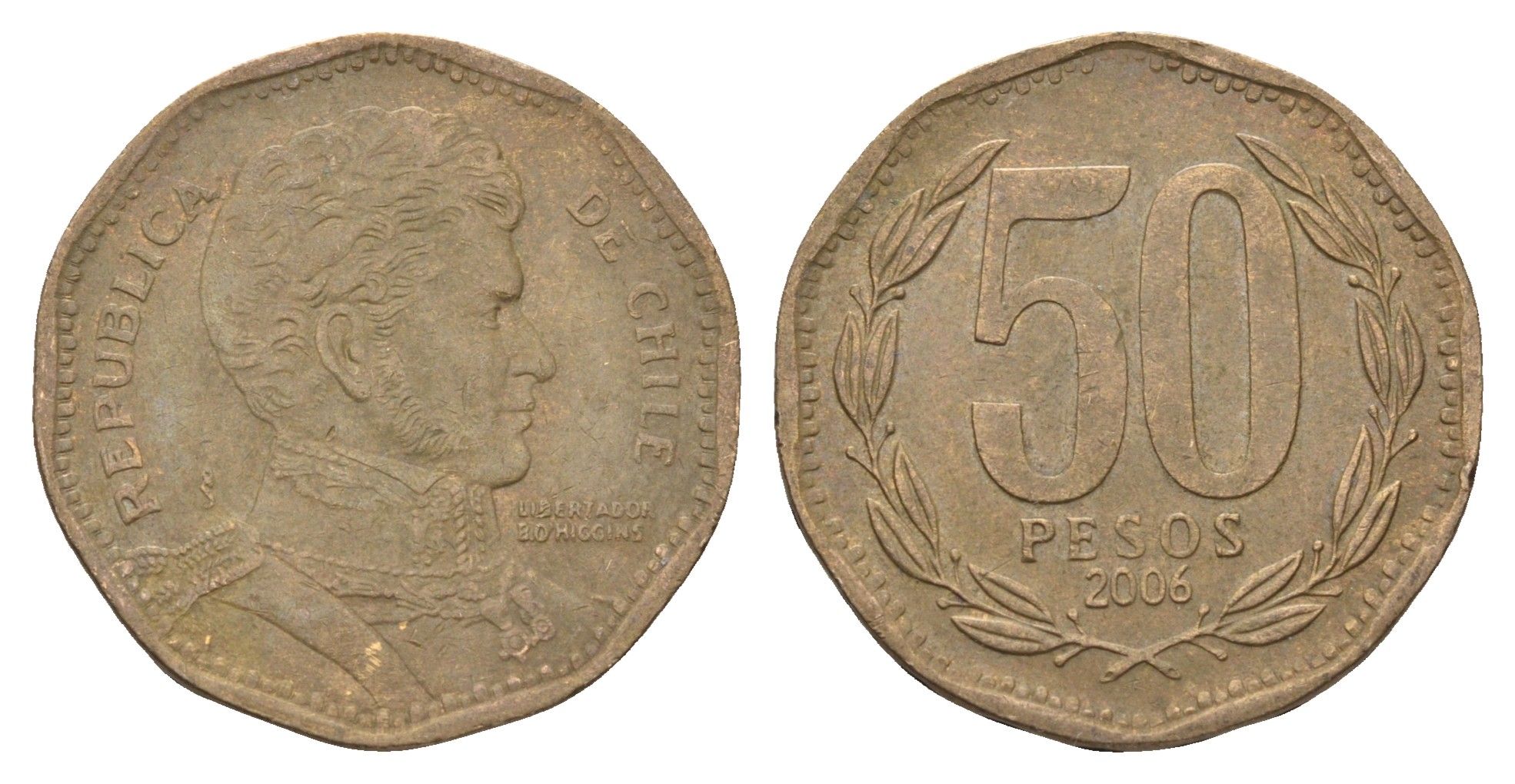 Чили 50 песо 2006 Бернардо О’Хиггинс KM 219 алюминиевая бронза 4663-415