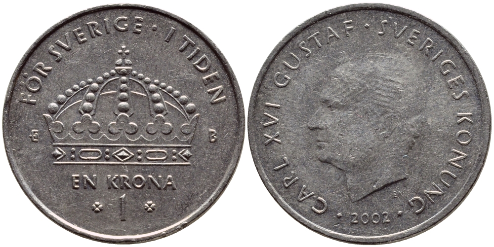 Швеция 1 крона 2002 Карл XVI Густав (1973- ) KM 894 медно-никель 4364-1525