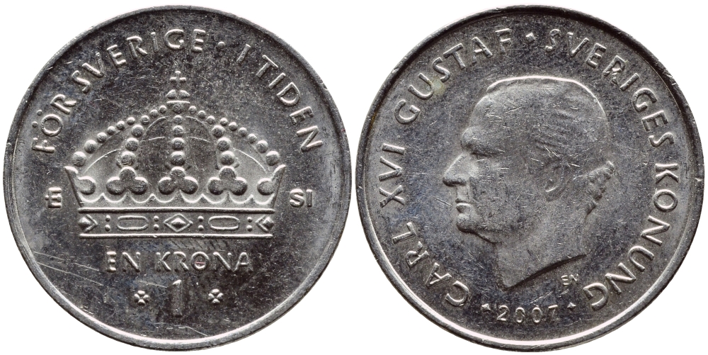 Швеция 1 крона 2007 Карл XVI Густав (1973- ) KM 894 медно-никель 176-925