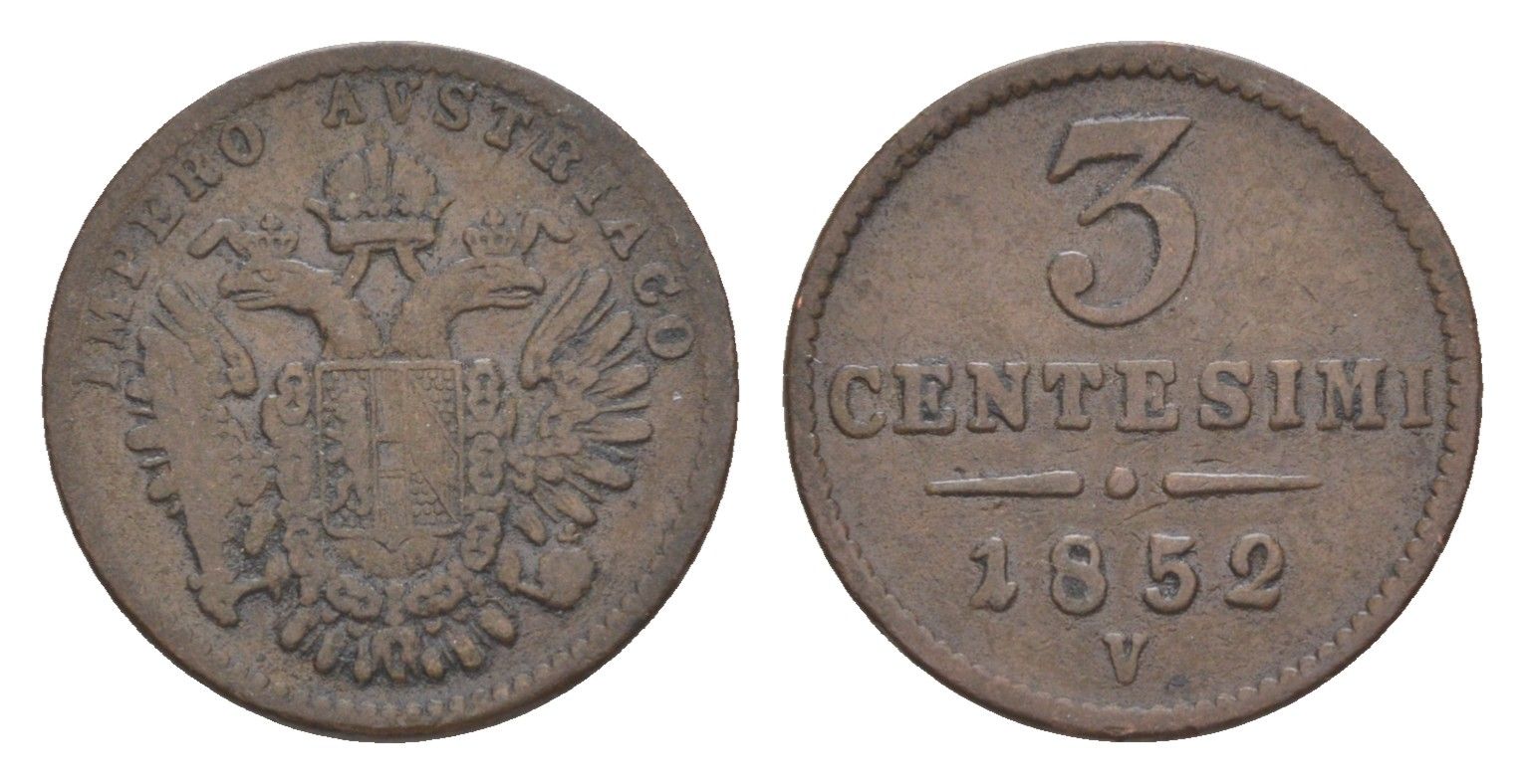 Ломбардия-Венеция 3 чентезимо 1852 V, Франц Иосиф I (1848-1916) C 30.2 медь 1518-311