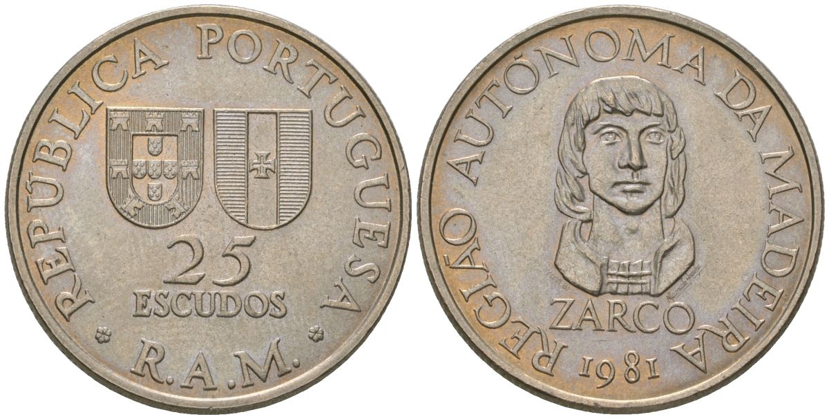 Португалия, Мадейра 25 эскудо 1981 Жуан Гонсалвиш Зарку KM 4 медно-никель UNC 4592-213