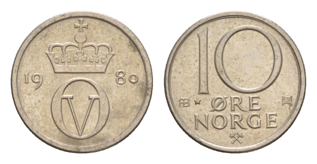 Норвегия 10 эре 1980 Улаф V (1957-1991) KM 416 медно-никель 4632-1165