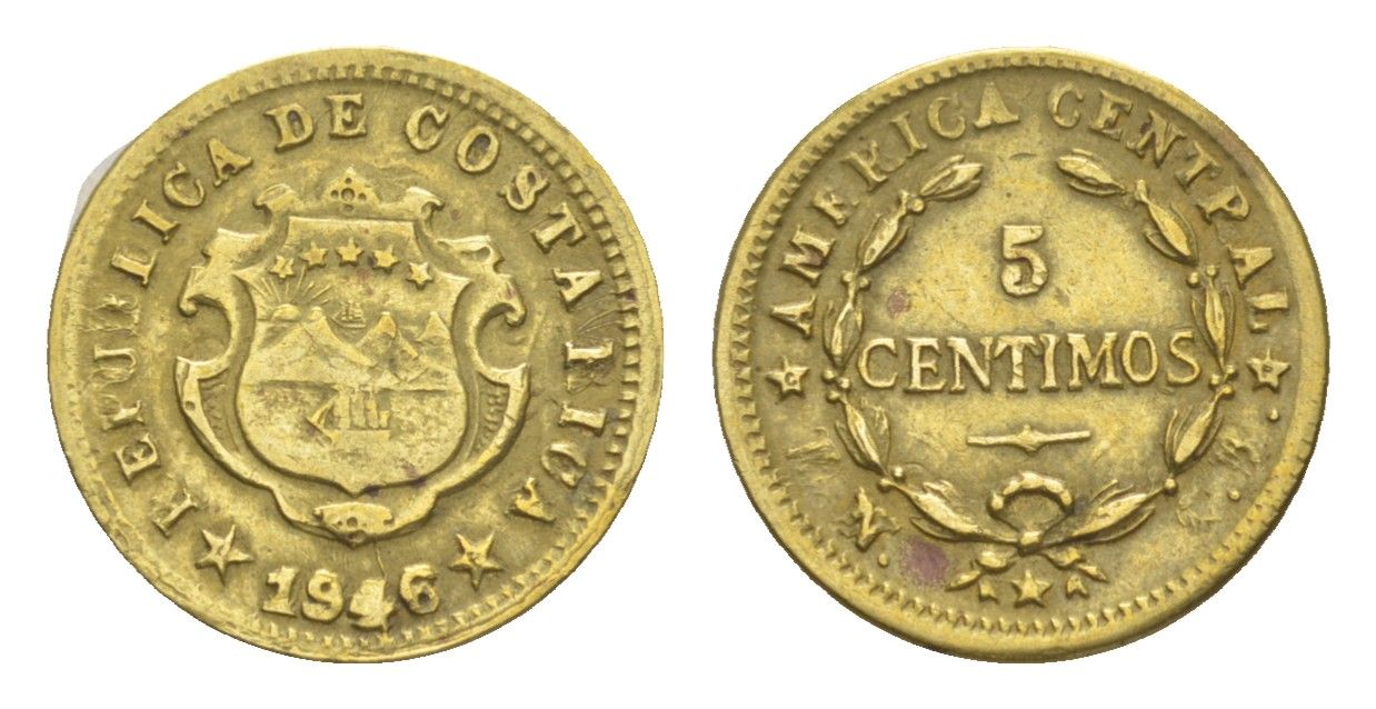 Коста-Рика 5 сентимо 1946 KM 179 латунь 4644-315