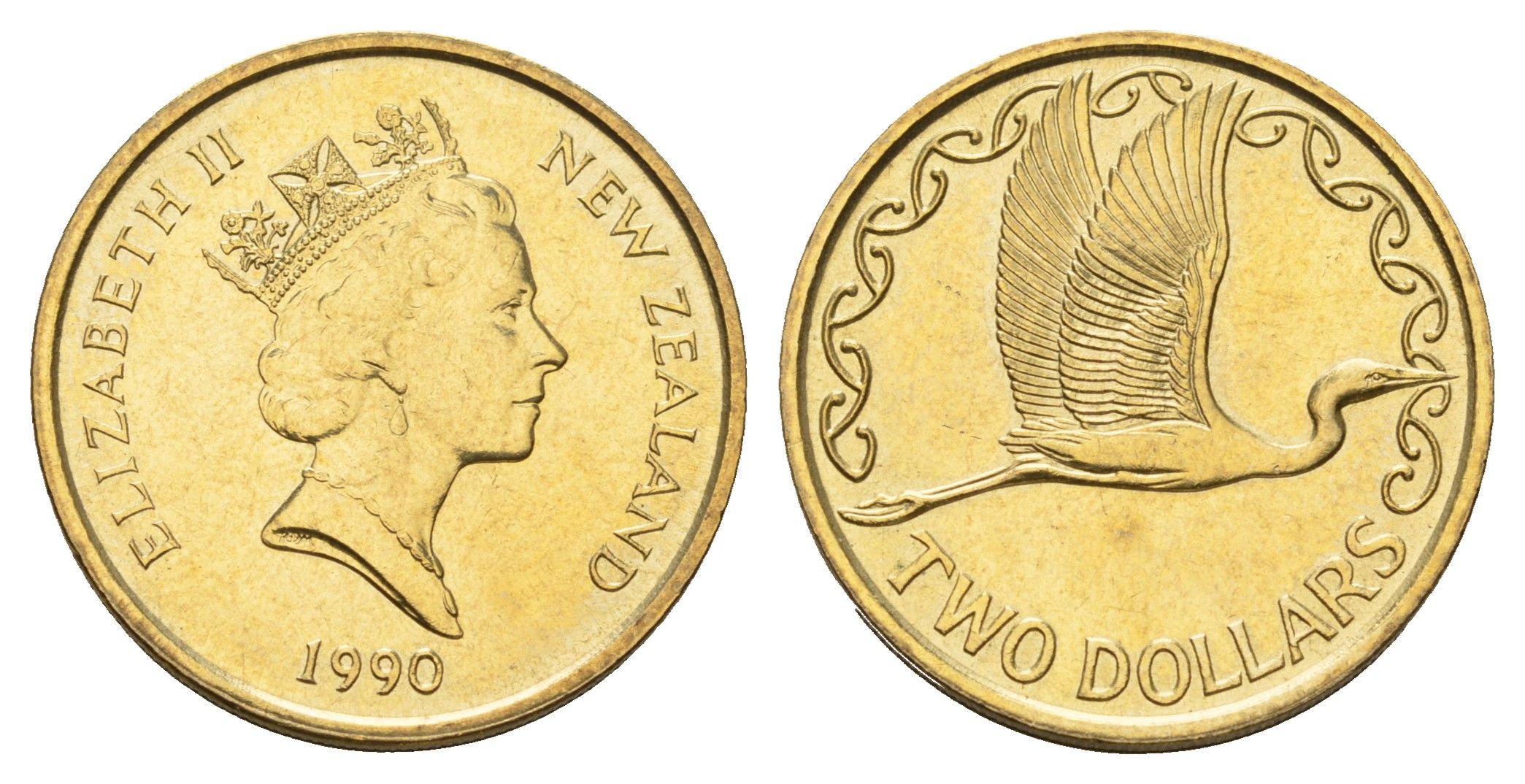 Новая Зеландия 2 доллара 1990 Елизавета II (1952-2022), большая белая цапля KM 79 алюминиевая бронза aUNC 4671-541