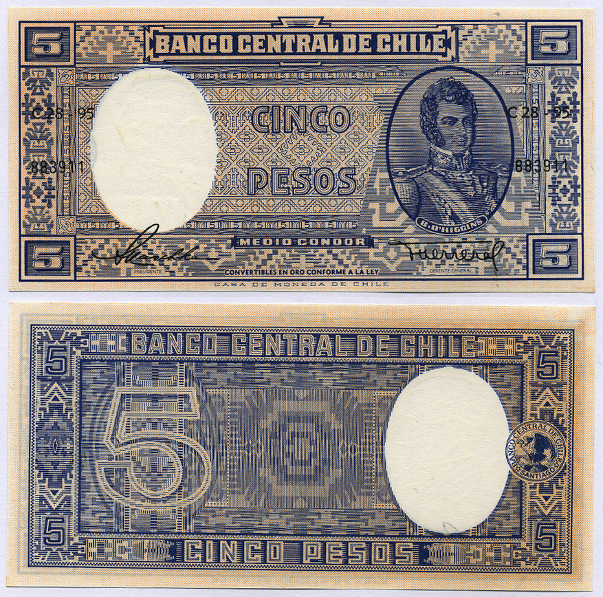 Чили 5 песо ND (1958-1959) Бернардо О’Хиггинс, серия С Pick 119 бумага UNC (пресс) 435-47-2-2