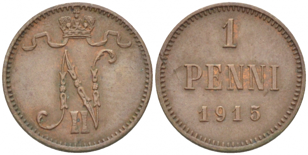 РОССИЯ ДЛЯ ФИНЛЯНДИИ 1 ПЕННИ 1915 НИКОЛАЙ II KM 13, Биткин 475 медь 4396-1456