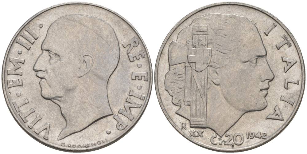 ИТАЛИЯ 20 ЧЕНТЕЗИМО 1942 R, ГОД XX, ВИКТОР ЭММАНУИЛ III (1900-1946), МАГНИТНАЯ, ГУРТ РИФЛЁНЫЙ KM 75b, VEM3. 1029 нержавеющая сталь 3853-425