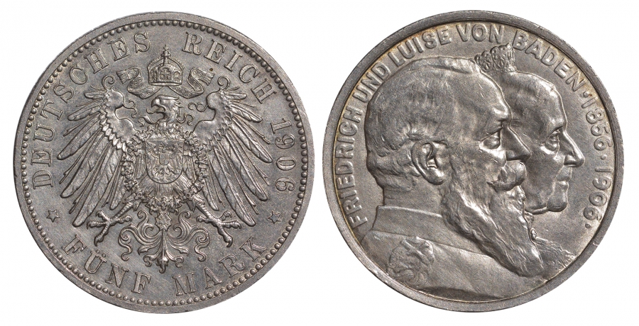 Баден 5 марок 1906 золотая свадьба Фридриха I и Луизы, Weege 35, J. 35, KM 277 серебро aUNC 00-815-62
