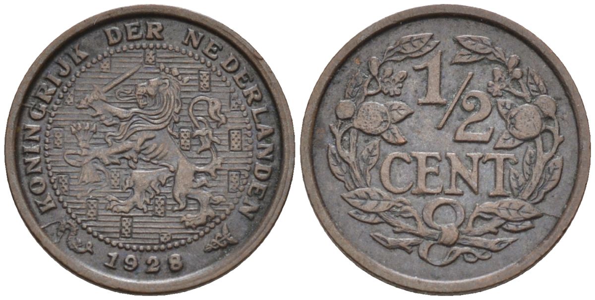 Нидерланды 1/2 цента 1928 Вильгельмина (1890-1948) KM 138 бронза 4588-955