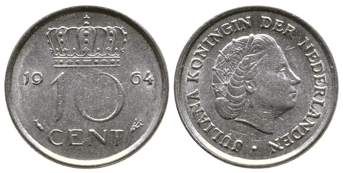 НИДЕРЛАНДЫ 10 ЦЕНТОВ 1964 ЮЛИАНА KM 182 никель 4385-642