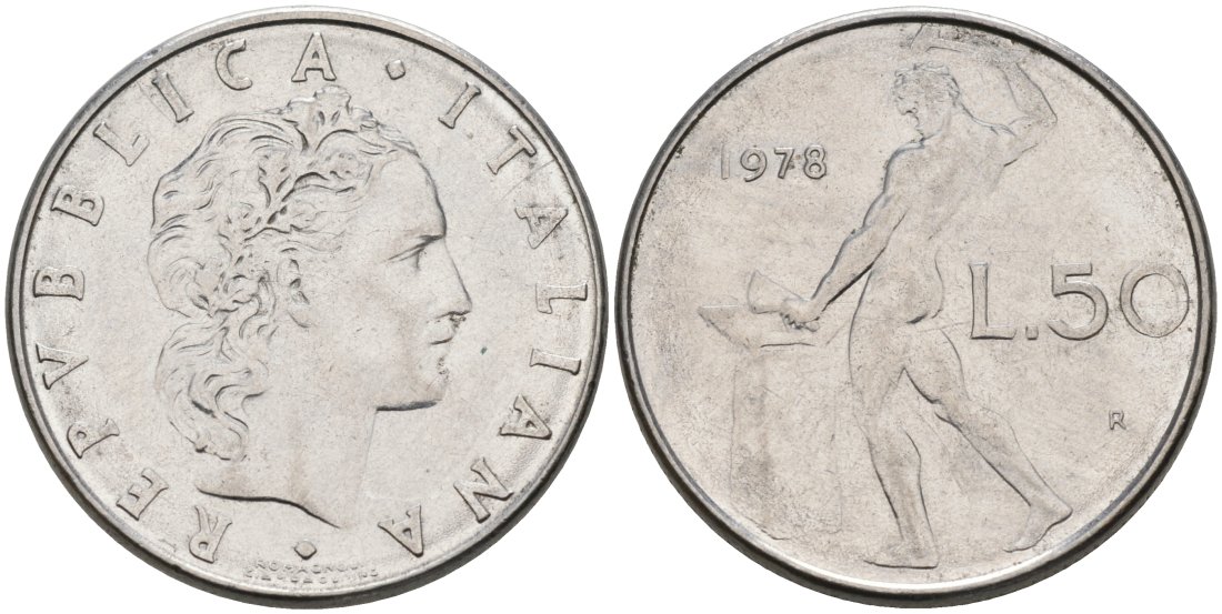 Италия 50 лир 1978 R, Бог огня Вулкан у наковальни KM 95.1 нержавеющая сталь 4571-526