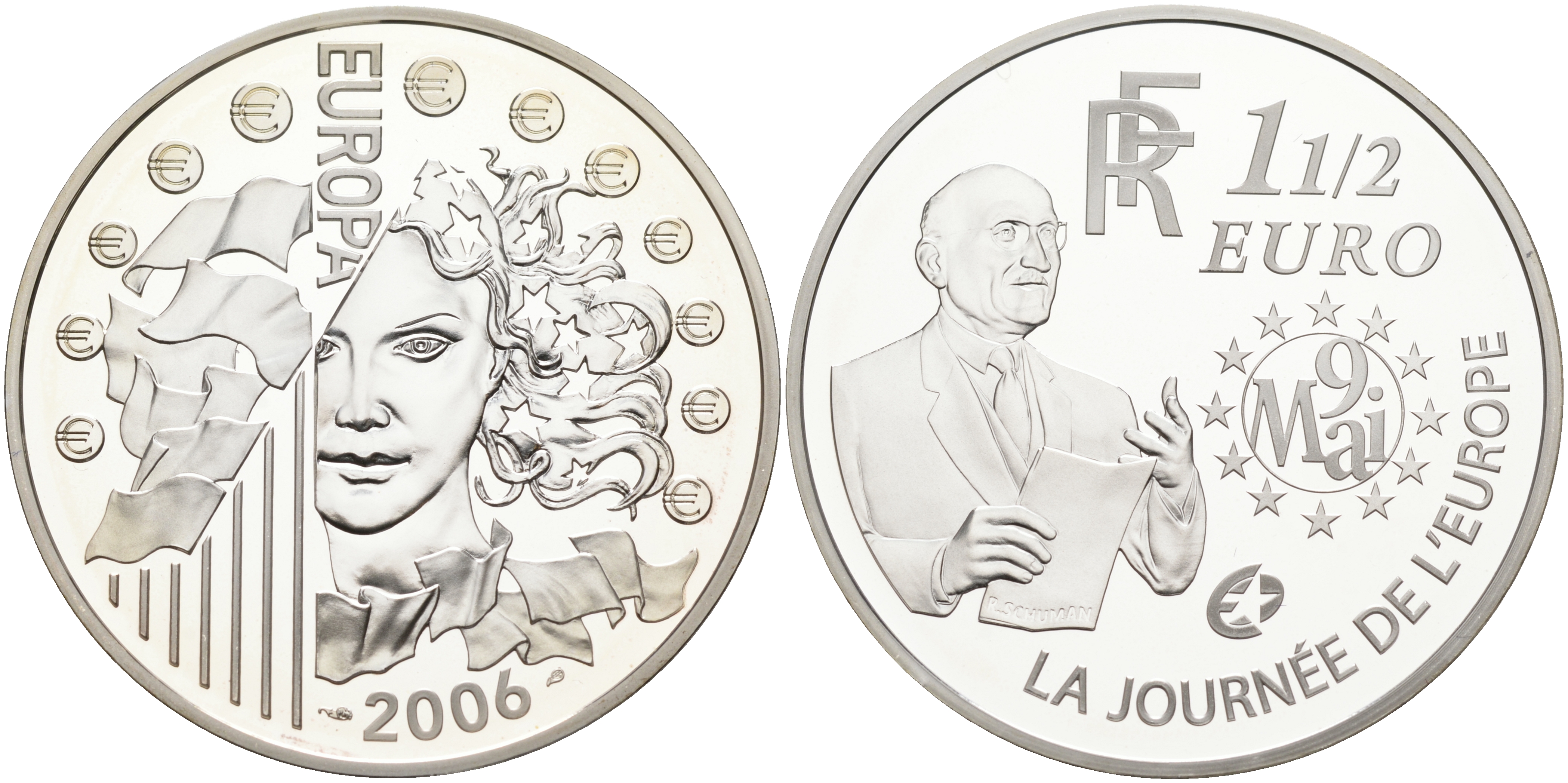 Франция 1 1/2 евро 2006 Декларация Шумана, день Европы 9 мая 1950 года KM 2037 серебро PROOF 06-281-11