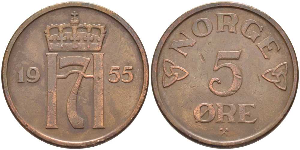 НОРВЕГИЯ 5 ЭРЕ 1955 ХОКОН VII (1905-1957) KM 400 бронза 115-825
