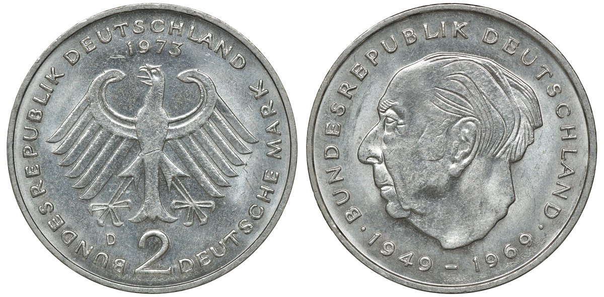 ФРГ 2 МАРКИ 1973 D, ТЕОДОР ХОЙС KM 127, J. 407 медно-никель плакированный никелем плакированный никелем UNC 72-544