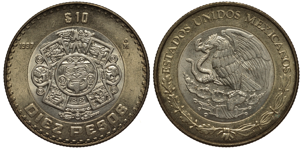 Мексика 10 песо 1997 Мо, бог Тонатиуха с огненной маской KM 616 биметалл 87-742