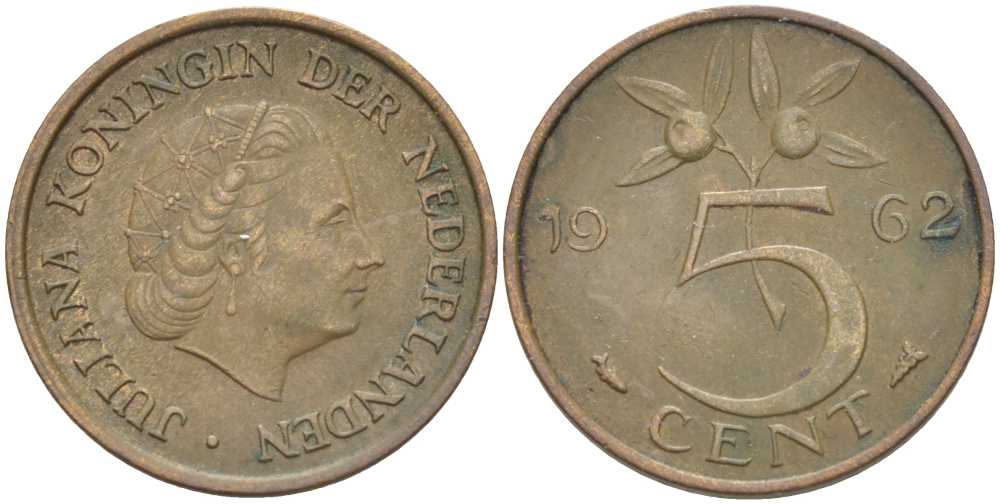 НИДЕРЛАНДЫ 5 ЦЕНТОВ 1962 ЮЛИАНА (1948-1980) KM 181 бронза 213-1041
