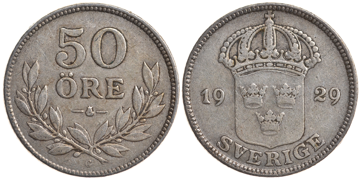 Швеция 50 эре 1929 G, Густав V (1907-1950) KM 788 серебро 4179-936