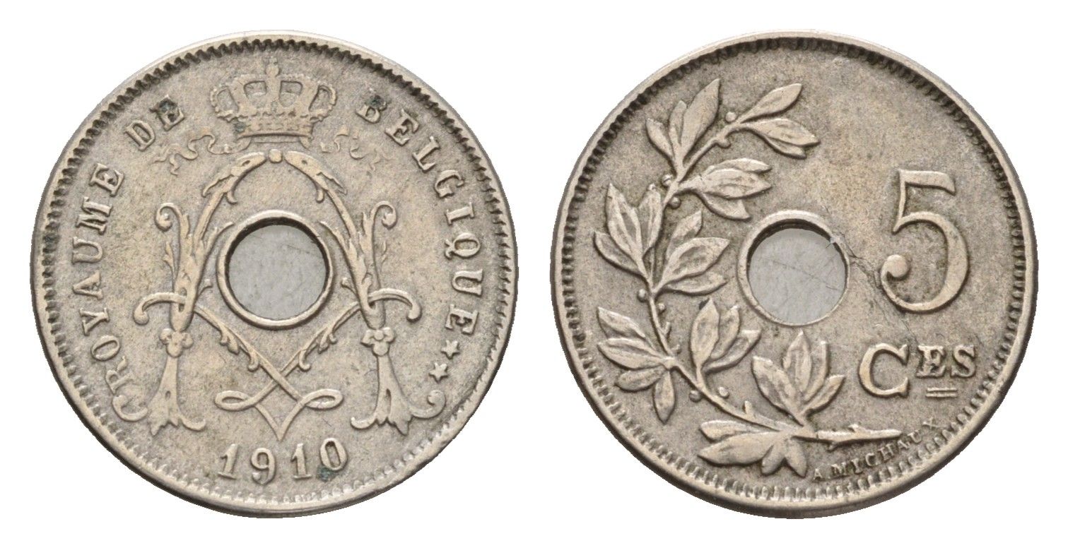 Бельгия 5 сантимов 1910 Belgique, Альберт I (1909-1934) KM 66 медно-никель 4627-614