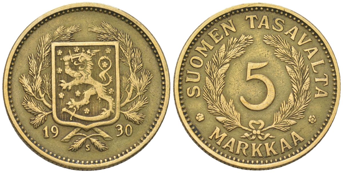 Финляндия 5 марок 1930 S, редкий год, тираж 592.000 KM 31 алюминиевая бронза 4589-941