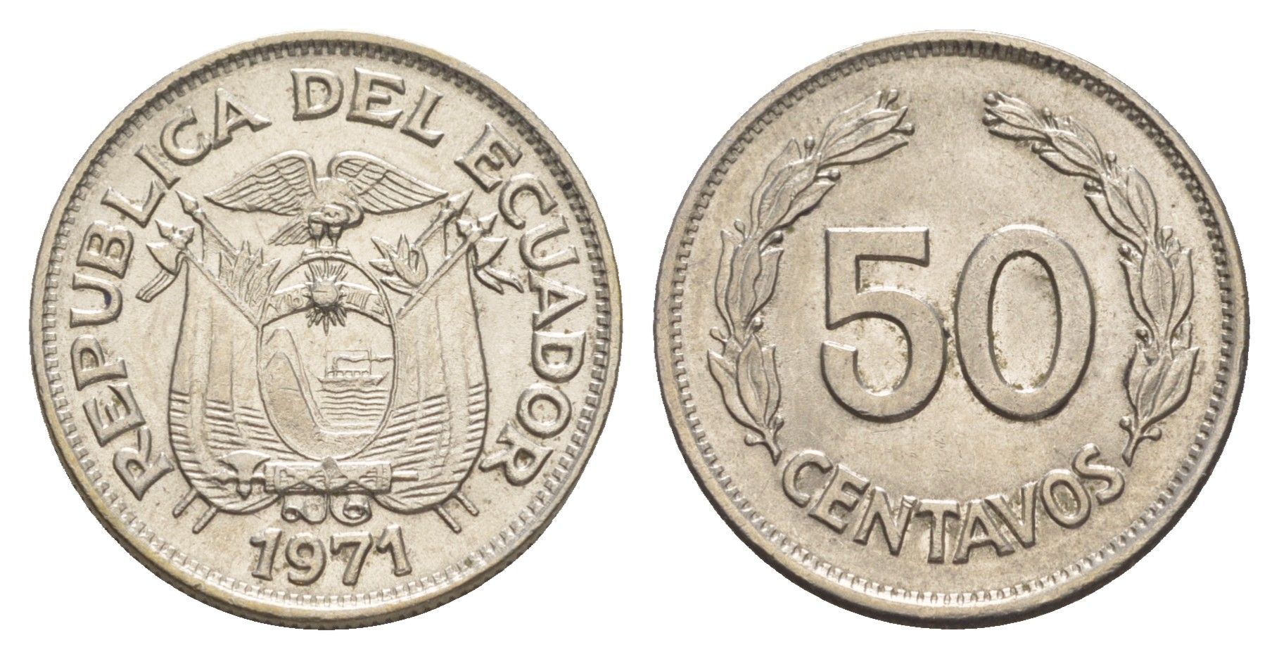 Эквадор 50 сентаво 1971 редкий год KM 81 сталь плакированная никелем UNC 4641-613